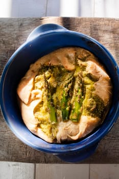 Vegan Cuisine Savory cake made with natural ingredients such as spelled flour and asparagus cream 