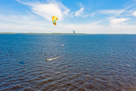 Aerial from kite surfing on Lauwersmeer in Friesland the Netherlands