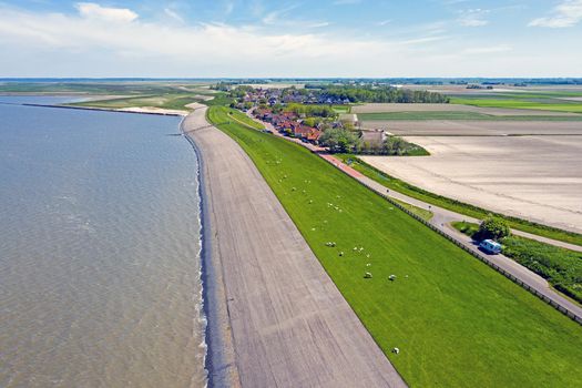 Aerial from the dyke near Wierum at the Wadden Sea in Friesland the Netherlands