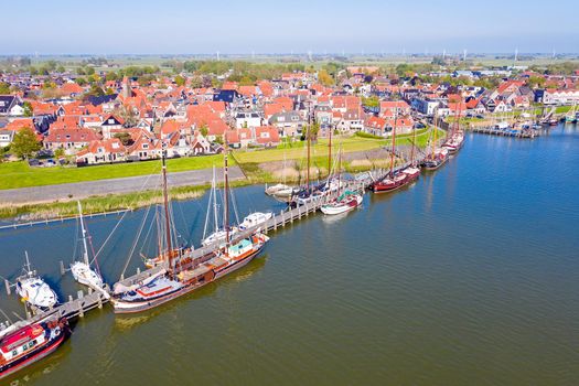 Aerial from the little village and harbor from Workum in Friesland in the Netherlands