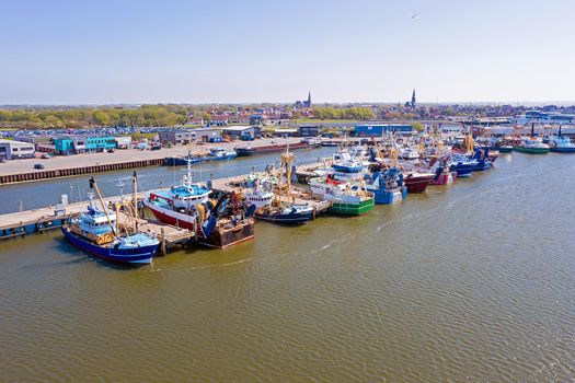 Aerial from the fishing harbor from Harlingen in the Netherlands