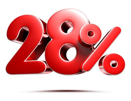 28 percent red 3D illustration on white background with clipping path.