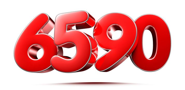 Rounded red numbers 6590 on white background 3D illustration with clipping path