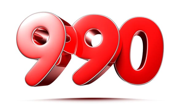 Rounded red numbers 990 on white background 3D illustration with clipping path