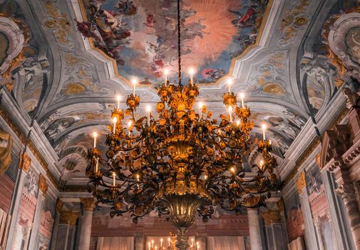 VENICE, ITALY, APRIL 22, 2018 : interiors decor, ceilings and frescoes of Ca'Rezzonico palace, april 22, 2018,  in Venice, italy