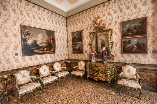 VENICE, ITALY, APRIL 22, 2018 : interiors decor, ceilings and frescoes of Ca'Rezzonico palace, april 22, 2018,  in Venice, italy