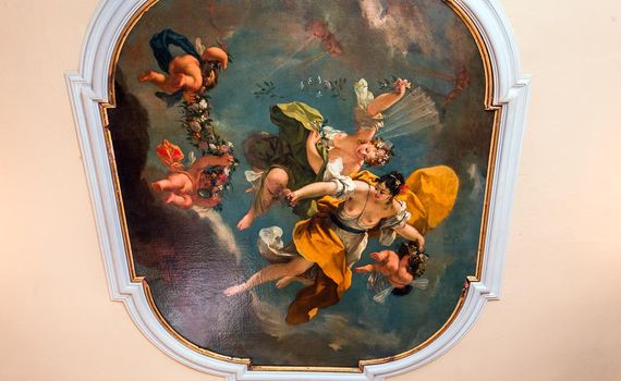 VENICE, ITALY, APRIL 22, 2018 : interiors decor, ceilings and frescoes of Ca'Rezzonico palace, april 22, 2018,  in Venice, italy