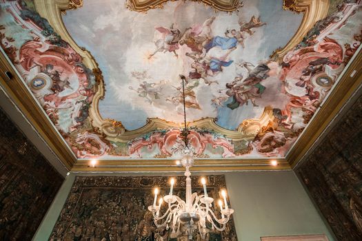 VENICE, ITALY, APRIL 22, 2018 : interiors decor, ceilings and frescoes of Ca'Rezzonico palace, april 22, 2018,  in Venice, italy