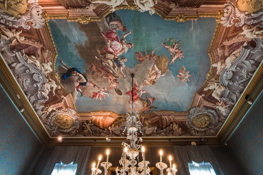 VENICE, ITALY, APRIL 22, 2018 : interiors decor, ceilings and frescoes of Ca'Rezzonico palace, april 22, 2018,  in Venice, italy