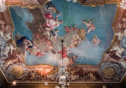 VENICE, ITALY, APRIL 22, 2018 : interiors decor, ceilings and frescoes of Ca'Rezzonico palace, april 22, 2018,  in Venice, italy