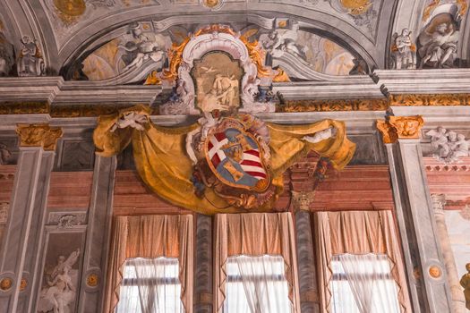 VENICE, ITALY, APRIL 22, 2018 : interiors decor, ceilings and frescoes of Ca'Rezzonico palace, april 22, 2018,  in Venice, italy