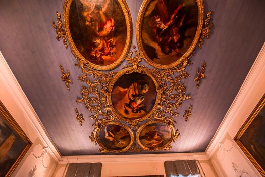 VENICE, ITALY, APRIL 22, 2018 : interiors decor, ceilings and frescoes of Ca'Rezzonico palace, april 22, 2018,  in Venice, italy