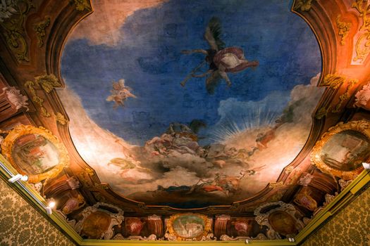 VENICE, ITALY, APRIL 22, 2018 : interiors decor, ceilings and frescoes of Ca'Rezzonico palace, april 22, 2018,  in Venice, italy