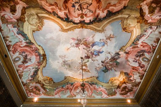 VENICE, ITALY, APRIL 22, 2018 : interiors decor, ceilings and frescoes of Ca'Rezzonico palace, april 22, 2018,  in Venice, italy