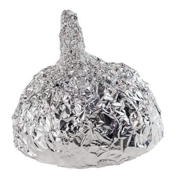 Aluminium foil hat isolated on white background, symbol for conspiracy theory and mind control protection. Close-up.