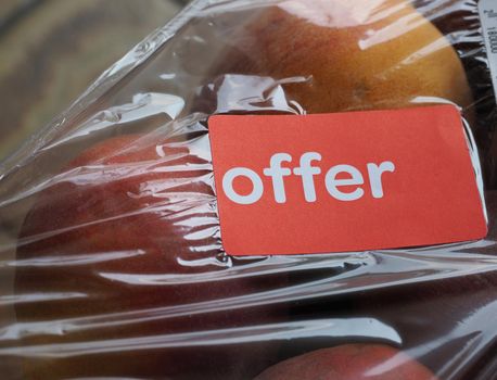 On offer label on packet of fruit