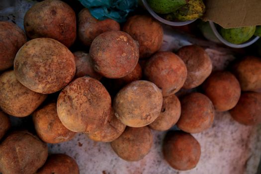 salvador, bahia, brazil - june 18, 2021: genipapo fruit is seen for sale at a free fair in the city of Salvador.
