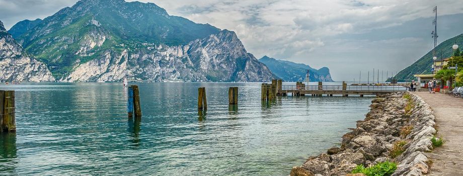 Scenic panoramic view over the Lake Garda from the town of Torbole, Italy