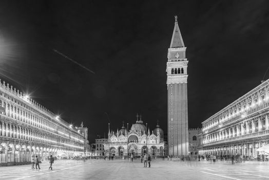 Scenic view at night of the iconic Piazza San Marco (St. Mark's Square), social, religious and political centre of Venice, Italy