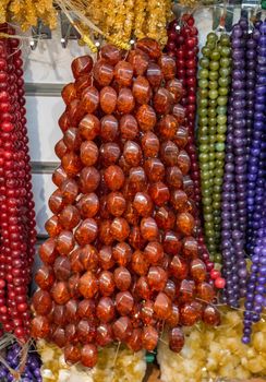 Colorful beads of various color at a market