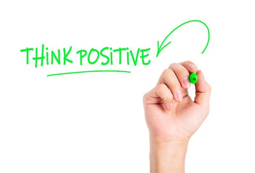 hand writing Think Positive word on a transparent wipe board.
