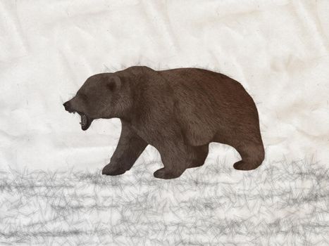 Brown bear walking on white background. Hand drawing. Template. Hand painting. Realistic wild animal. Watercolor. Clip art. 