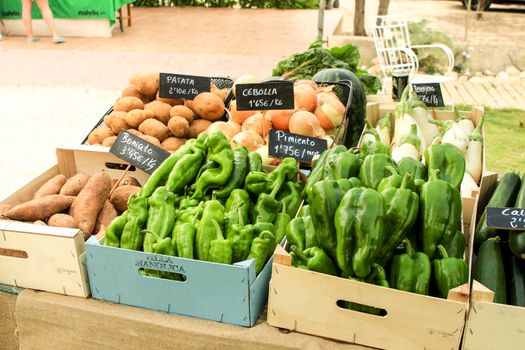 Elche, Alicante, Spain- January 26, 2021: Fresh products for sale at an ecological and sustainable market held in the countryside of Elche