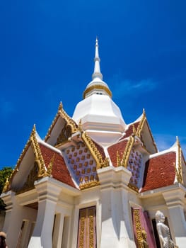 Gorgeous fine white hall in Buddhist temple and the bright blur sky