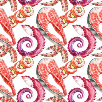 Color pencils realistic illustration of seafood - salmon steak, sushi, rolls, octopus tentacle and shrimp. Seamless pattern. Hand-drawn objects on white background.
