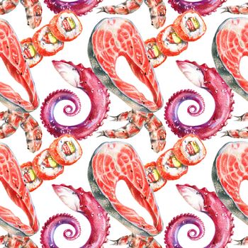 Color pencils realistic illustration of seafood - salmon steak, sushi, rolls, octopus tentacle and shrimp. Seamless pattern. Hand-drawn objects on white background.