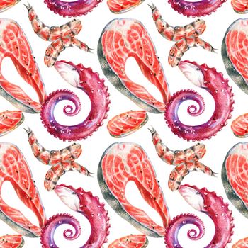 Color pencils realistic illustration of seafood - salmon steak, sushi, rolls, octopus tentacle and shrimp. Seamless pattern. Hand-drawn objects on white background.