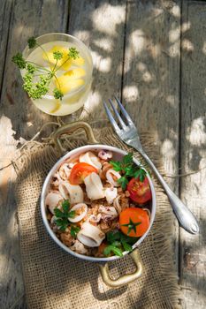 A traditional dish of Tuscany with farro and seafood