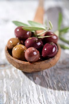 Italian food, snack of olives in brine presented in flat