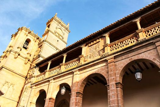 Renaissance square in Alcaraz called Plaza Mayor with the Tardon and the Trinidad Towers.
