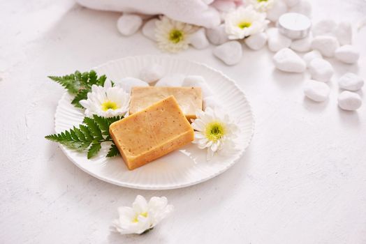 Collection of handmade, natural organic soap on white background. Spa products. 
