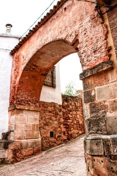 Narrow streets with Renaissance style houses and carved facades in Alcaraz, Castile-la Mancha community, Spain