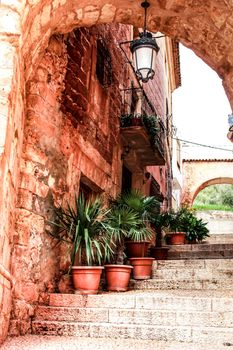Narrow streets with Renaissance style houses and carved facades in Alcaraz, Castile-la Mancha community, Spain