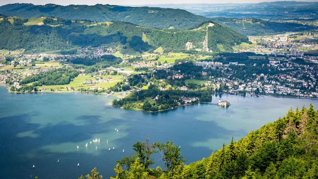 Aerial view of Traunsee and Gmunden, Austria. Beautiful lake panorama and view of Schloss Ort