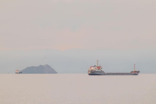 Marmara Sea,istanbul,Turkey-June 15,2021.Cargo ships in the Sea of Marmara in Turkey and Marmara Sea view in early morning time.