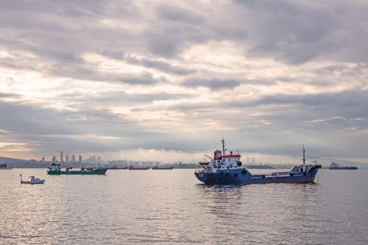 Marmara Sea,istanbul,Turkey-June 15,2021.Cargo ships in the Sea of Marmara in Turkey and Marmara Sea view in early morning time.