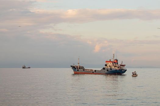 Marmara Sea,istanbul,Turkey-June 15,2021.Cargo ships in the Sea of Marmara in Turkey and Marmara Sea view in early morning time.