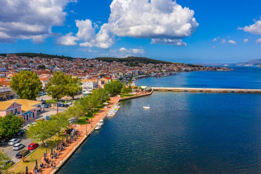 Aerial drone view of Argostoli (Argostolion), famous city and capital of Cefalonia (Kefalonia) island, Ionian islands, Greece. Argostoli town, former municipality on the island of Kefalonia, Greece.