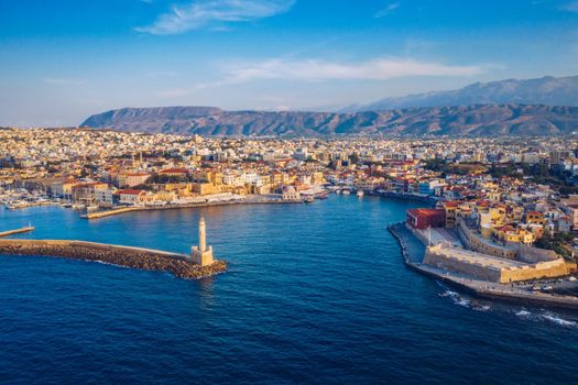 Picturesque old port of Chania. Landmarks of Crete island. Greece. Aerial view of the beautiful city of Chania with it's old harbor and the famous lighthouse, Crete, Greece.