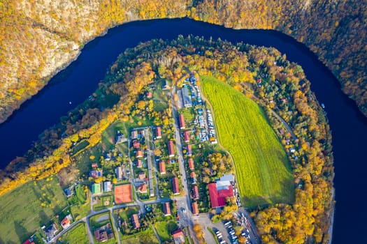 Beautiful view of Vltava river from Maj viewpoint. Czech Republic, Krnany, Europe. Maj viewpoint next to Prague in central Bohemia, Czech Republic. Aerial view of incredible Vyhlidka Maj.