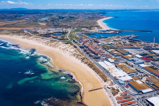 Aerial view of Peniche with the fortress, Peniche peninsula, Portugal. Peniche city buildings at Atlantic ocean coast, Portugal.