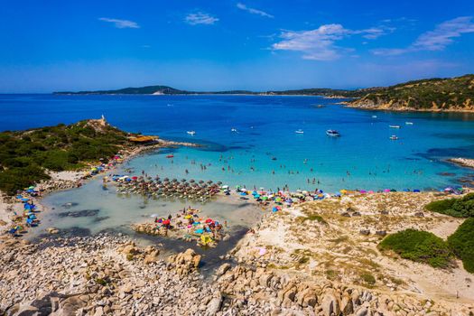 Cost of Sardinia: Peninsula of Punta Molentis. View of beautiful beach at Punta Molentis, Villasimius, Sardinia, Italy. Beautiful bay with sandy beach at Punta Molentis, Sardinia island, Italy.
