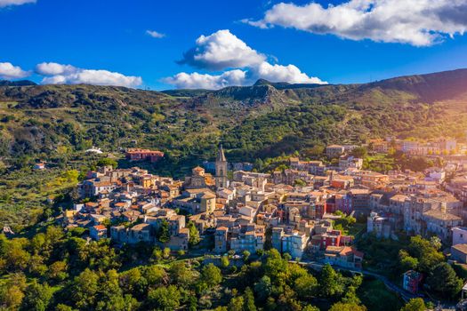 Amazing cityscape of Novara di Sicilia town. Aerial view of Novara di Sicilia, Sicily, Italy, Europe. Mountain village Novara di Sicilia, Sicily, Italy.