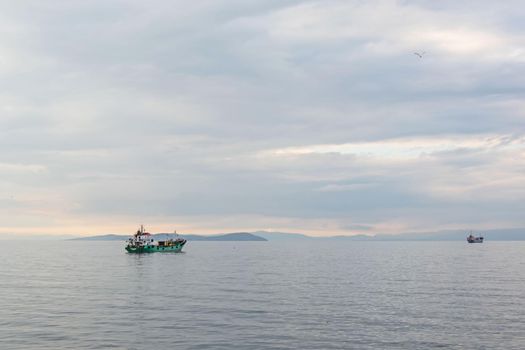 Marmara Sea,istanbul,Turkey-June 15,2021.Cargo ships in the Sea of Marmara in Turkey and Marmara Sea view in early morning time.