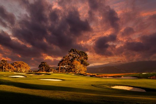 Coastline golf course, greens and bunkers in California, usa