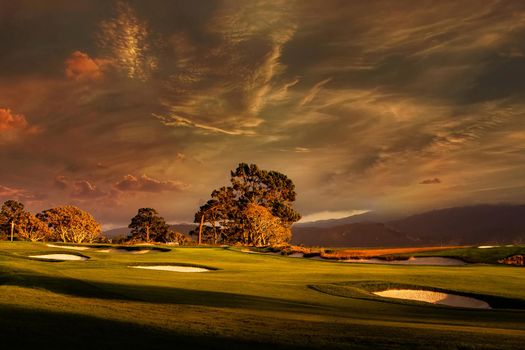 Coastline golf course, greens and bunkers in California, usa